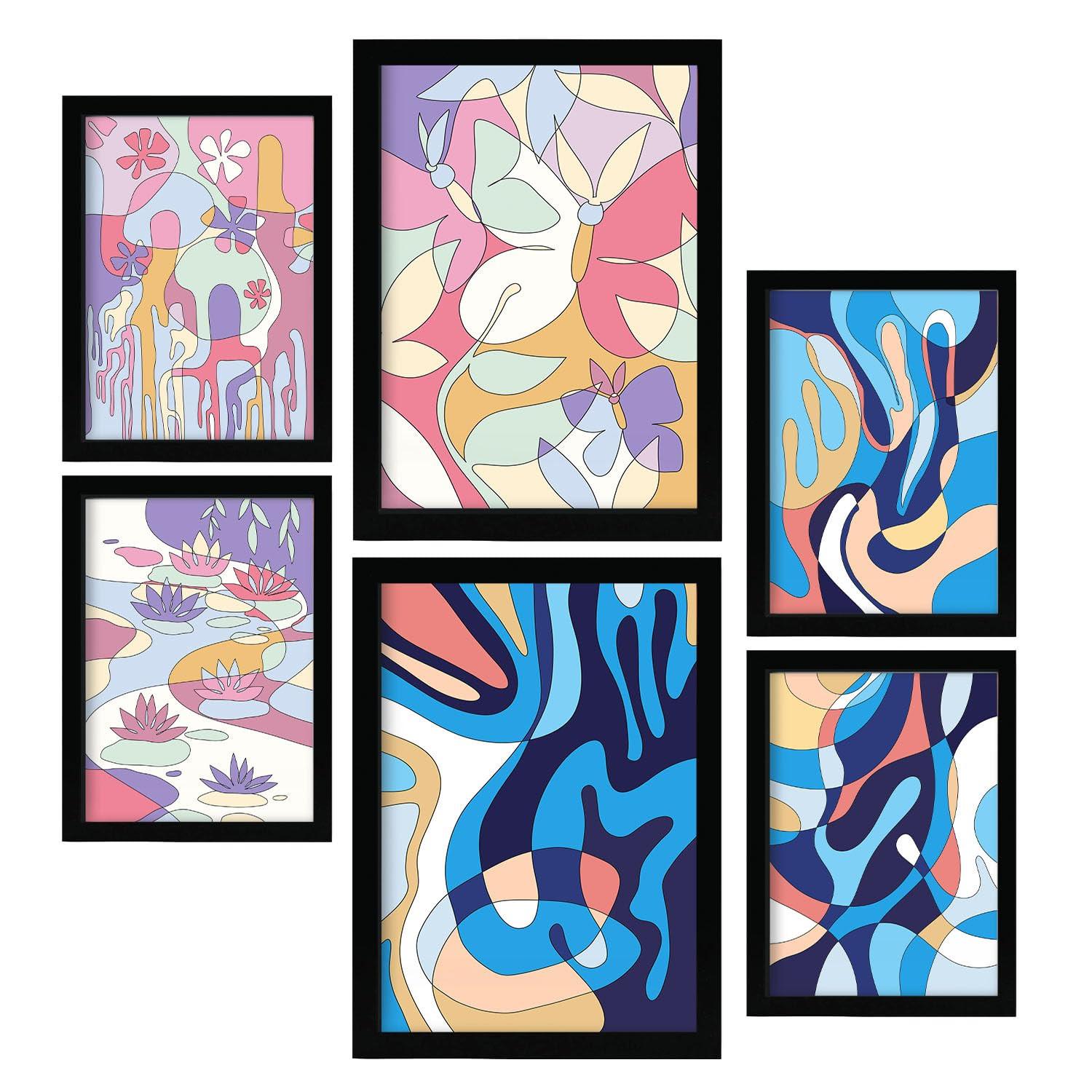 POSTER Set Mit 6 Ethikstile In Blume Zusammenfassung Ästhetische Dekorative Gemälde Für Ihr Wohnzimmer, Schlafzimmer, Zuhause A3 & A4 Schwarzer Rahmen - Schwarz, Papier (29/3cm) - Nacnic