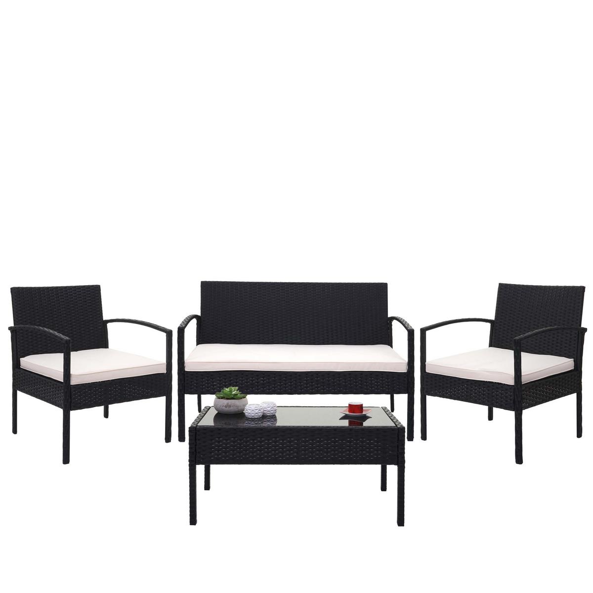 POLY-RATTAN GARNITUR Schwarz, Cremeweiß - Schwarz/Weiß, Kunststoff - MCW
