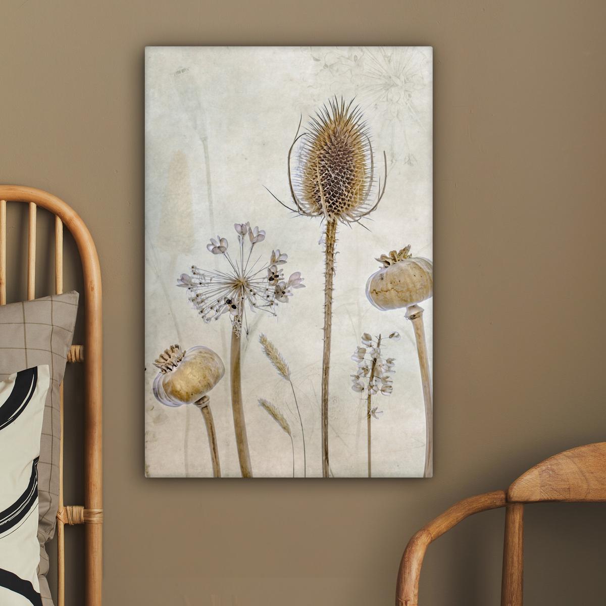 LEINWANDBILD Blumen - Aquarell - Stilleben - Braun - Vintage Wanddeko Schlafzimmer 60x90 cm - Beige, Textil (60/90cm) - MuchoWow