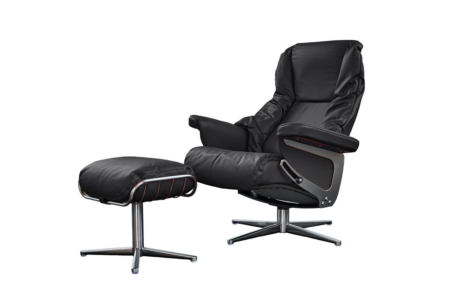 RELAXSESSEL MIT HOCKER MODO Schwarz Leder - Silberfarben/Schwarz, Leder/Metall (81/98/90cm) - KAWOLA