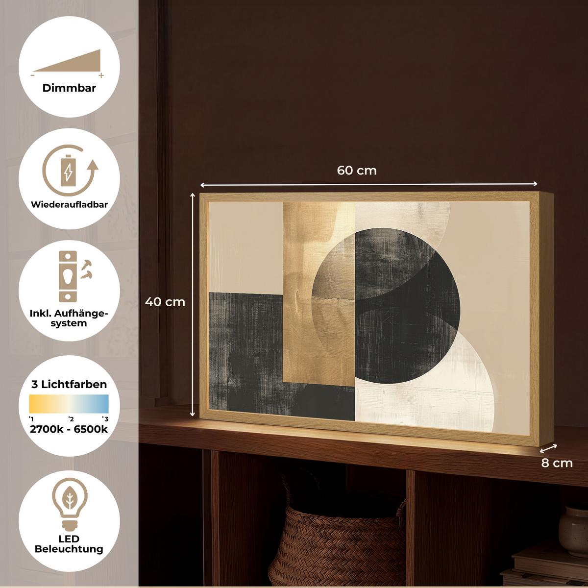 WANDLEUCHTE MIT AKKU Abstrakt - Modern - Schwarz - Gold 60x40 cm - Sandfarben, Holzwerkstoff (60/40/8cm) - OnlyWow