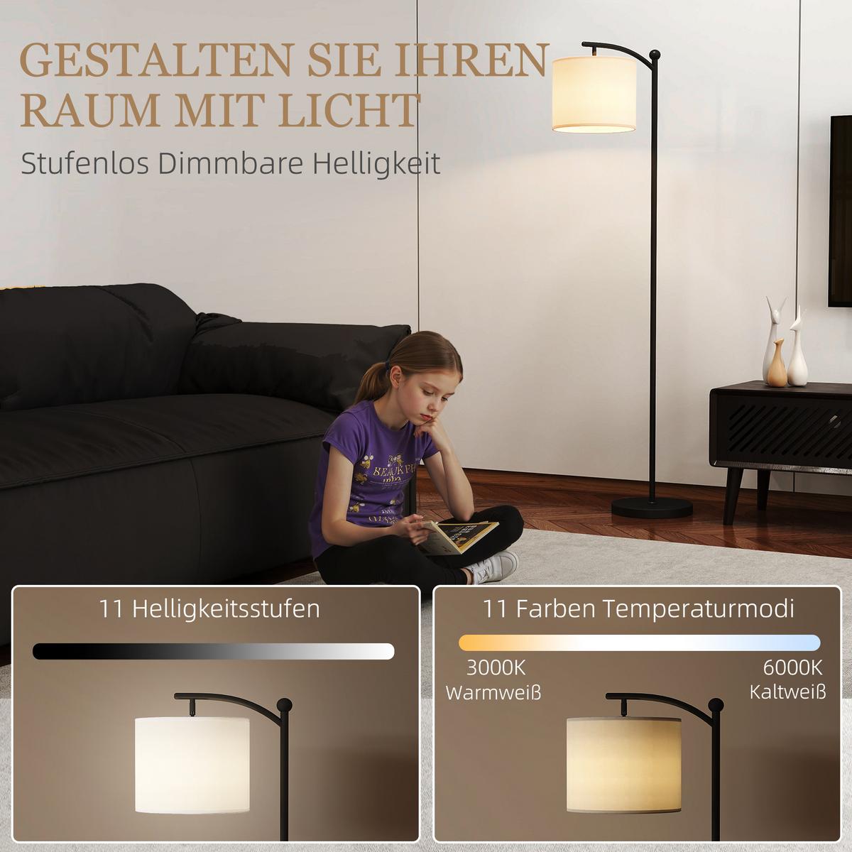 LED Stehlampe Stufenlos Dimmbar Stehleuchte mit Lampenschirm aus Stoff - Schwarz, Metall (54.3/30.6/159.6cm) - HOMCOM
