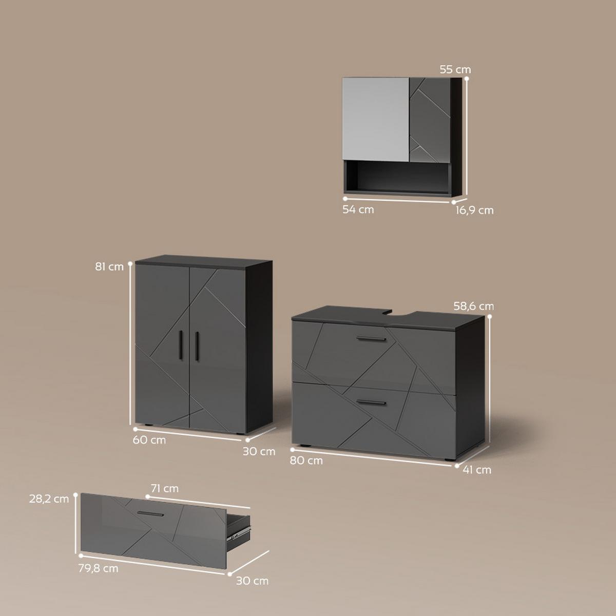 BADMÖBEL-SET Ronco Anthrazit Hochglanz 3 Teile, mit Unterschrank 80 cm - Schwarz Hochglanz, Holzwerkstoff (80/58/41cm) - Livinity®