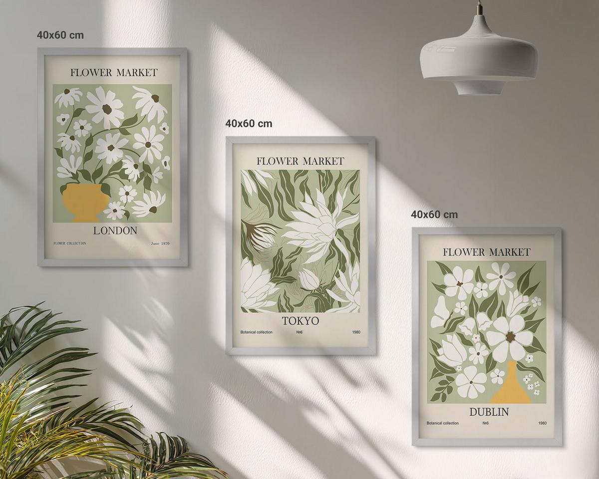BILDER SET 3er Set - 40x60 cm Silberner Rahmen - Blumenmuster London Tokio Dublin - Silberfarben, Kunststoff (40/60cm) - TULUP