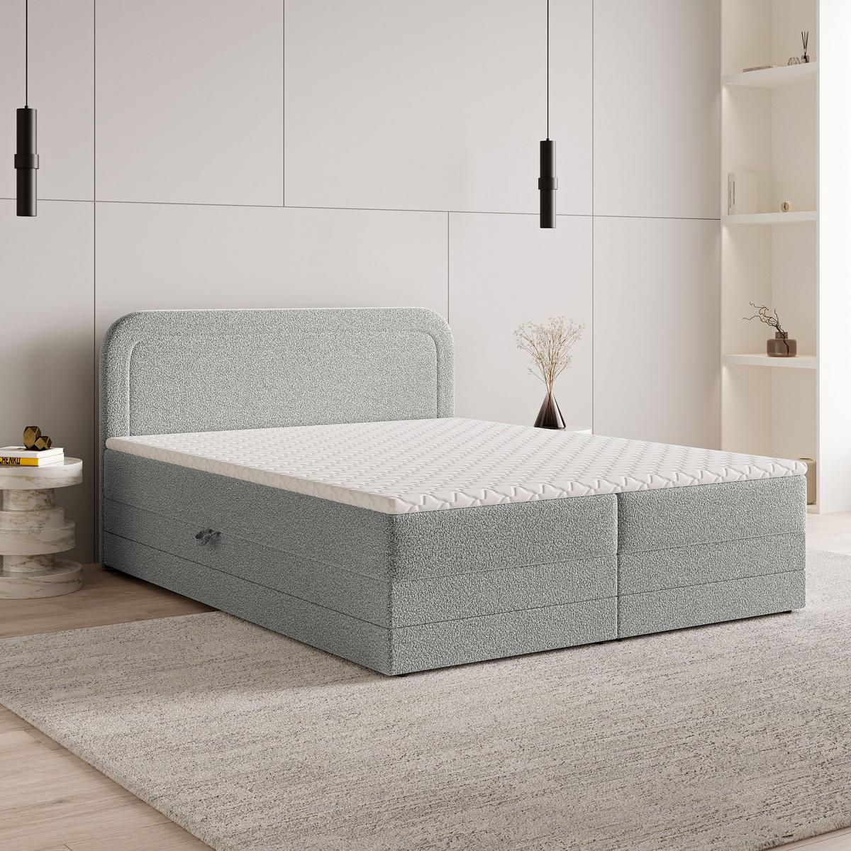 BOXBETT ARMEL 140x200 cm mit Matratze und Topper - Hellgrau - Hellgrau, Holz (140/200cm) - MASSENO
