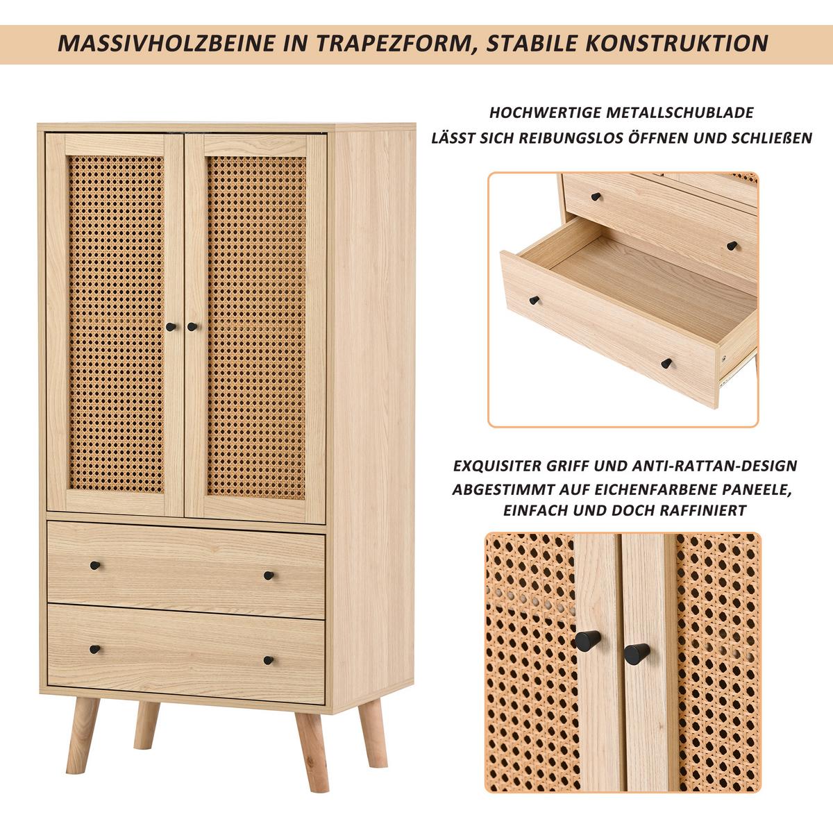 HIGHBOARD mit Rattantüren und 2 Schubladen in Eicheoptik - Eichefarben, Holzwerkstoff (60/120/40cm) - Urban Meuble