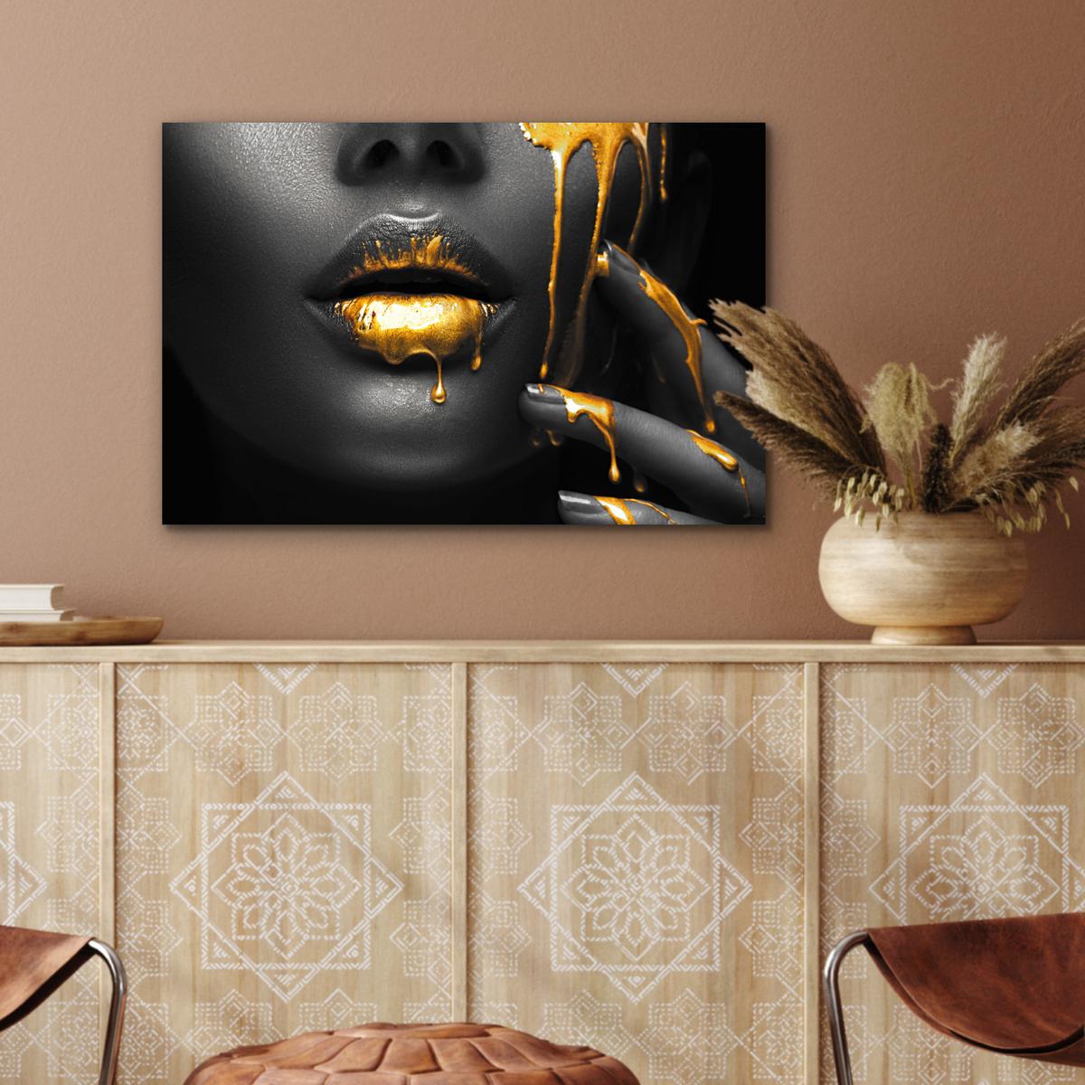 METALLBILD Frau - Schwarz - Gold - Gesicht - Lippen Wandbild 60x40 cm - Goldfarben, Metall (60/40cm) - MuchoWow