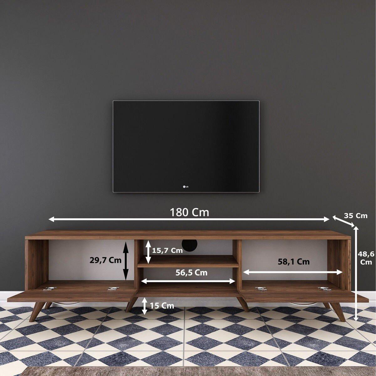 TV-MÖBEL 2 Klapptüren 2 offene Fächer in der Mitte Dekor Walnussholz 35/48,6/180 cm - Nussbaumfarben, Holzwerkstoff (35/48.6/180cm) - Calicosy