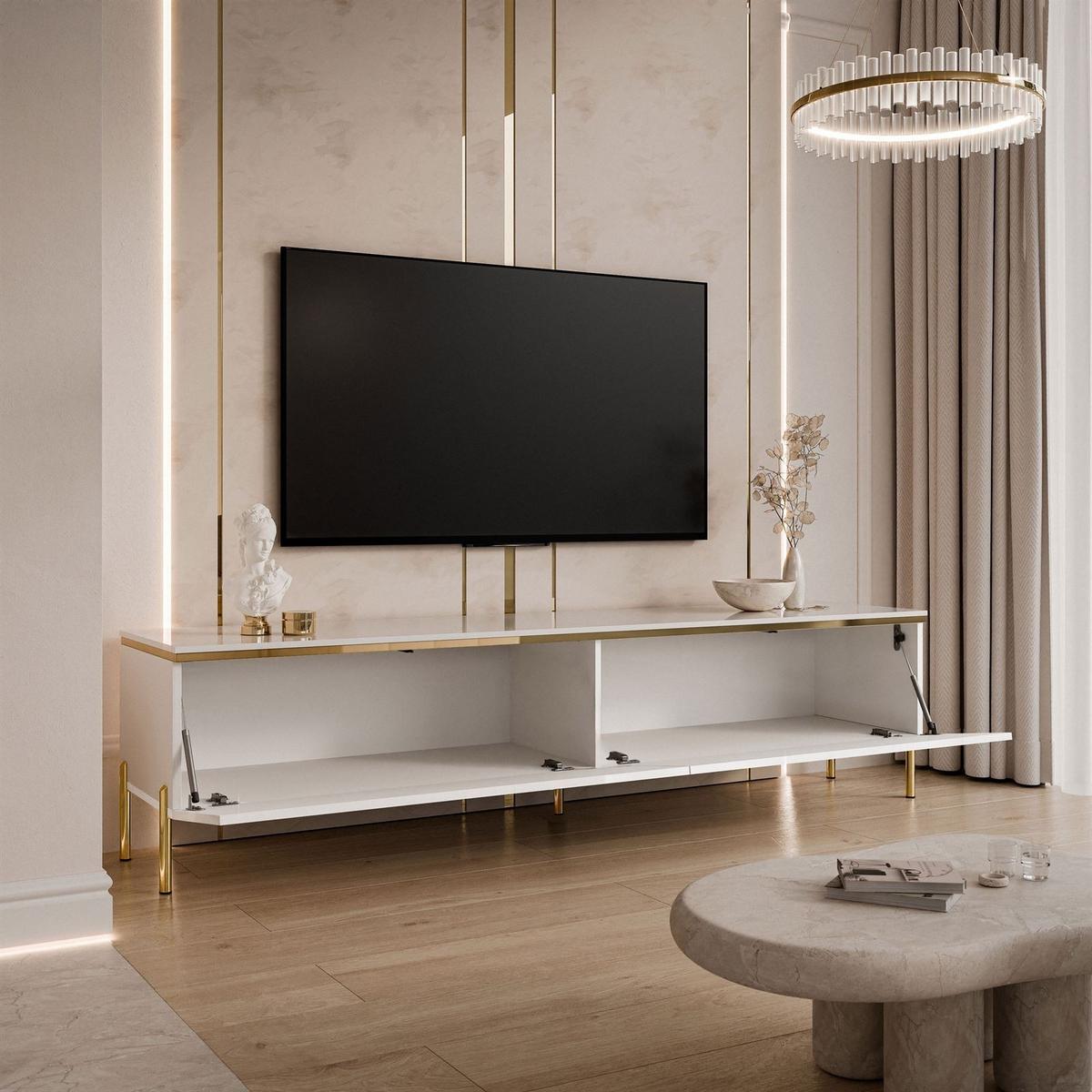 TV-LOWBOARD AURORA Weiß mit gerade Goldchrom Fuße - Weiß Hochglanz/Goldfarben, Holzwerkstoff/Metall (180/46/40cm) - Lookway