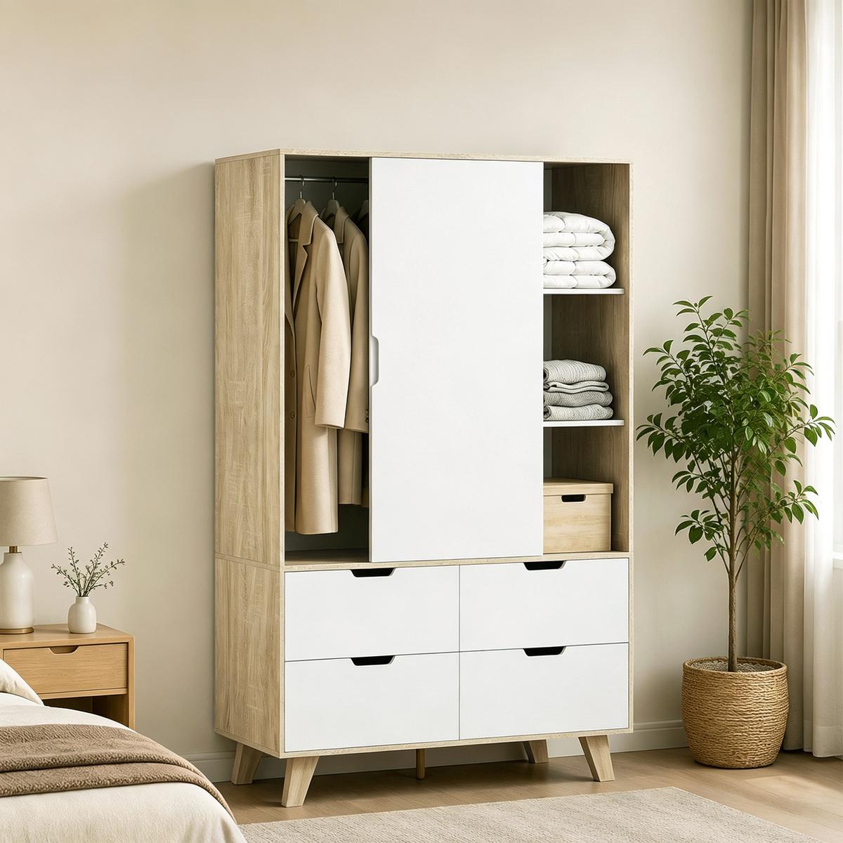 KLEIDERSCHRANK MDF Kiefernholz Eiche Weiss - Weiß, Holz/Holzwerkstoff (50/187.5/120cm) - HOMCOM