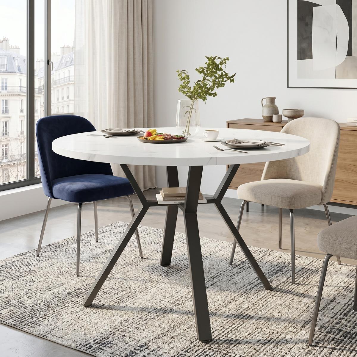 ESSTISCH runder marmor-optik Ø 100 cm mit X-metallgestell - Schwarz, Holzwerkstoff (100/100/75cm) - Urban Meuble