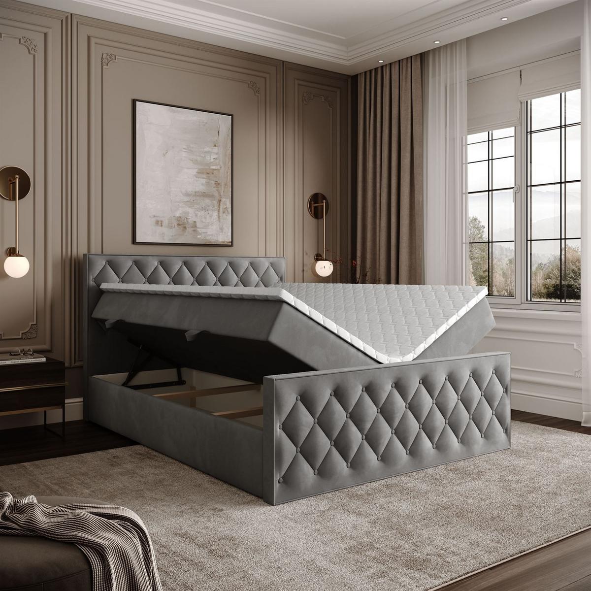 BOXSPRINGBETT INEZ II mit Bettkasten mit Topper 160x200 cm Royal Velvet 250 - Grau, Textil - Lookway