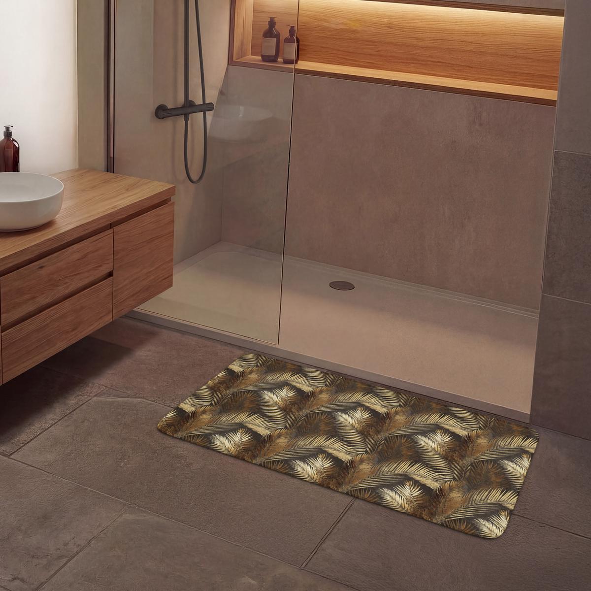 BADEMATTE Tropisch - Blätter - Gold 120x60 cm - Dunkelbraun/Goldfarben, Textil (120/60cm) - OnlyWow