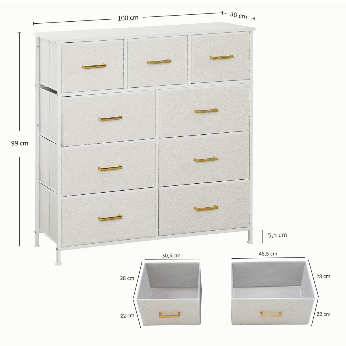 KOMMODE Polyester Spanplatte Cremeweiß - Weiß, Karton (30/99/100cm) - HOMCOM
