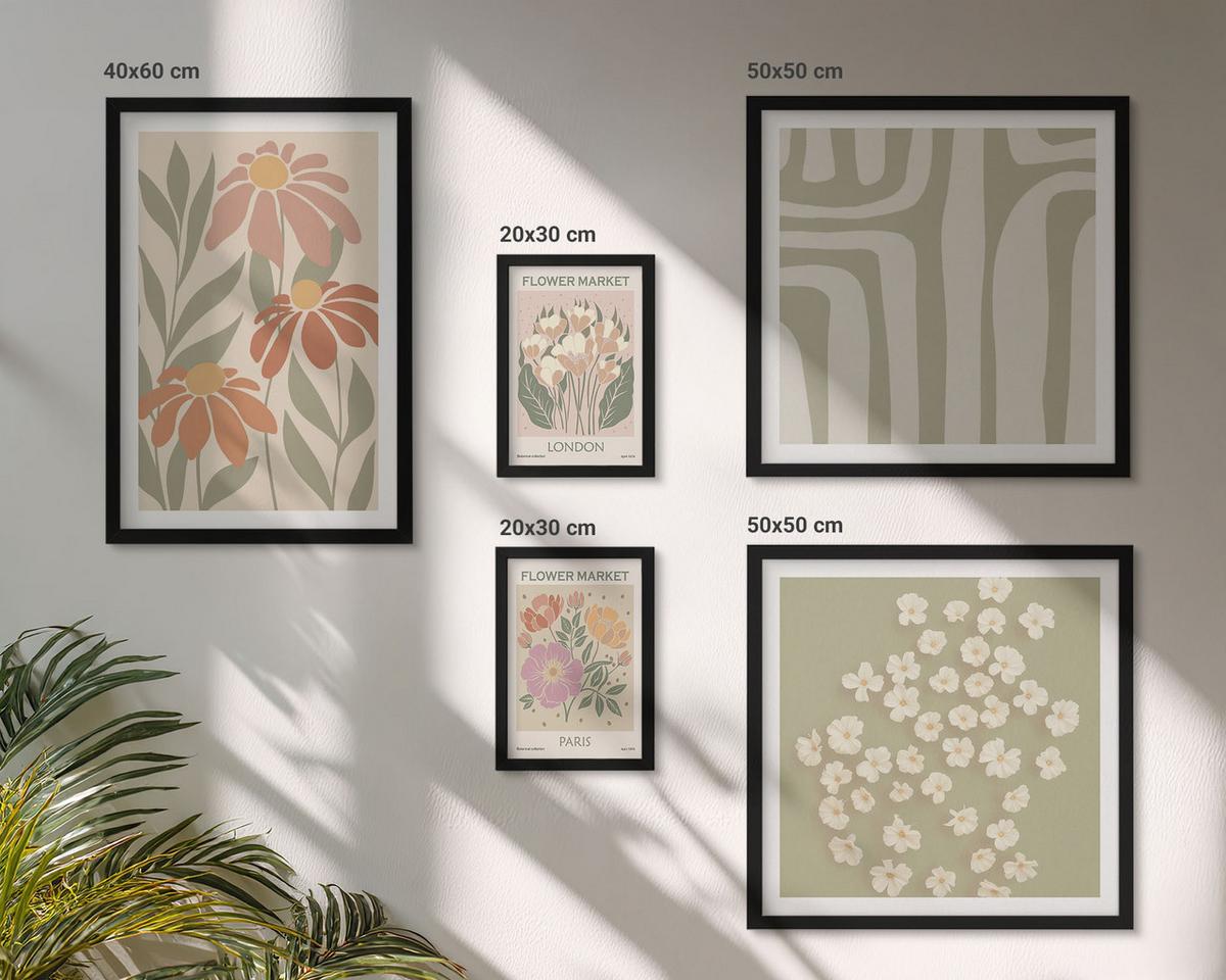 BILDER SET 5er Set - 50x50 cm & 20x30 cm & 40x60 cm Schwarzer Rahmen - Botanische Motive, Pariser Minimalismus - Schwarz, Kunststoff (40/60cm) - TULUP