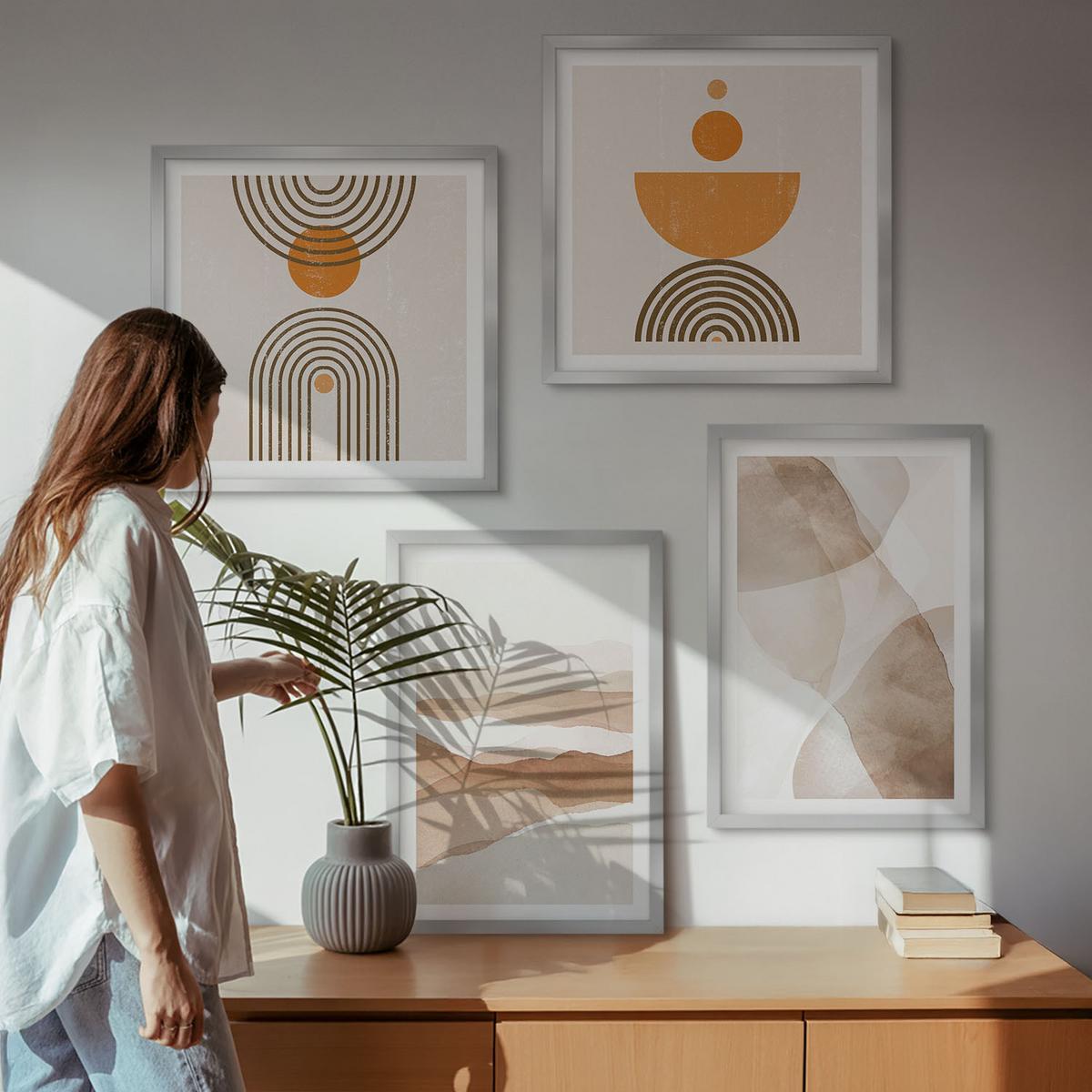 BILDER SET 4er Set - 50x50 cm & 40x60 cm Silberner Rahmen - Strukturen schattieren Minimalismus - Silberfarben, Kunststoff (50/50cm) - TULUP