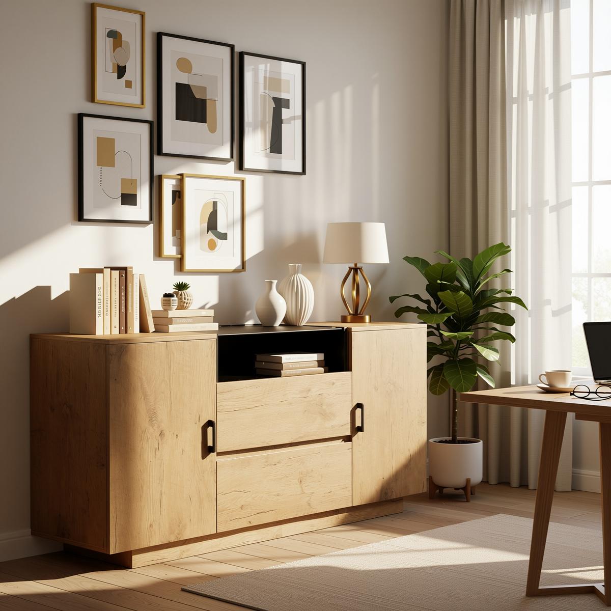 SIDEBOARD in Eichenoptik mit Glasfront mit 2 Schubladen, 2 Türen & offenem Fach - Eichefarben, Holzwerkstoff (140/70/40cm) - Urban Meuble