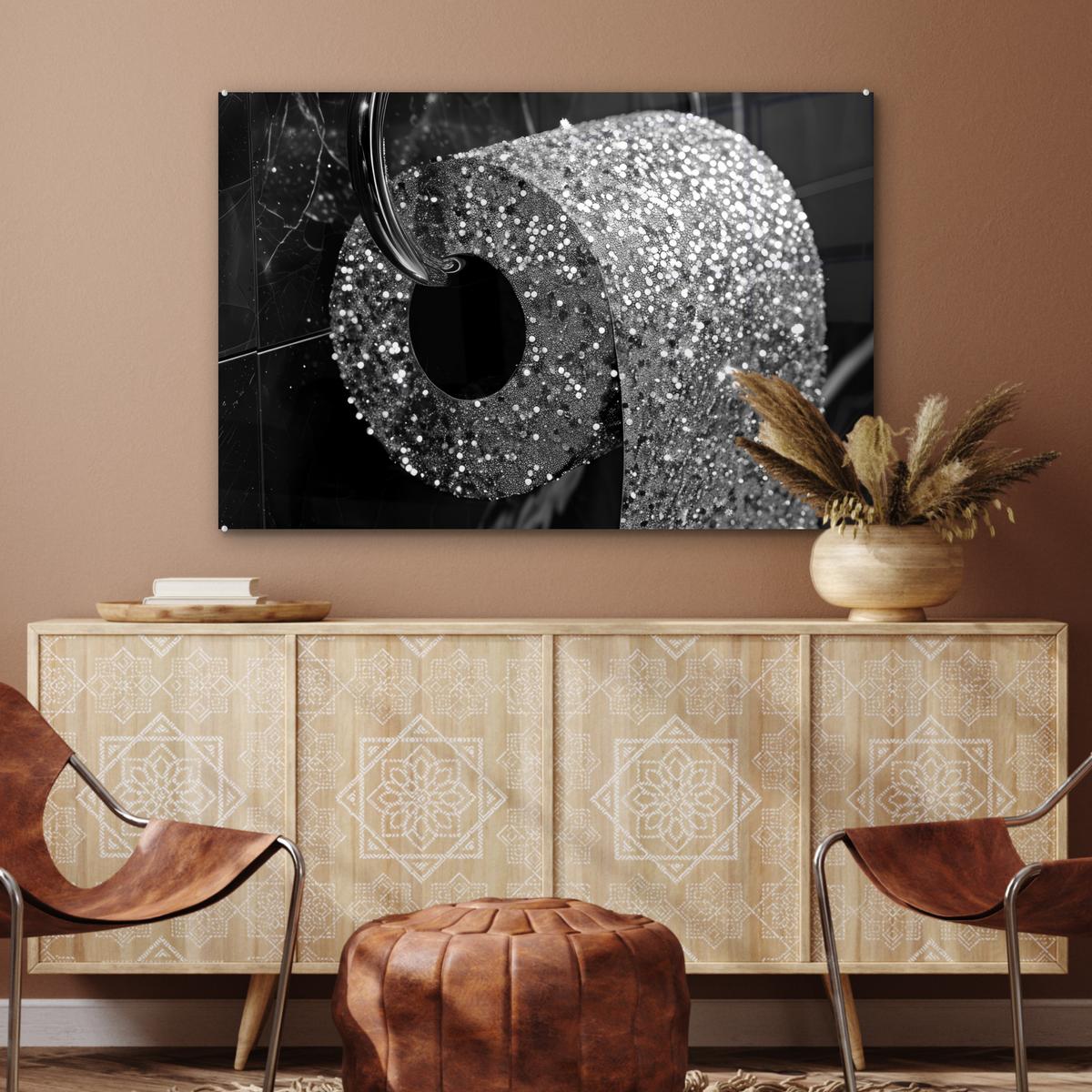 ACRYLGLASBILD WC - Toilettenpapier - Schwarz und weiß - Glitter Wandbild Schlafzimmer 120x80 cm - Silberfarben, Glas (120/80cm) - MuchoWow