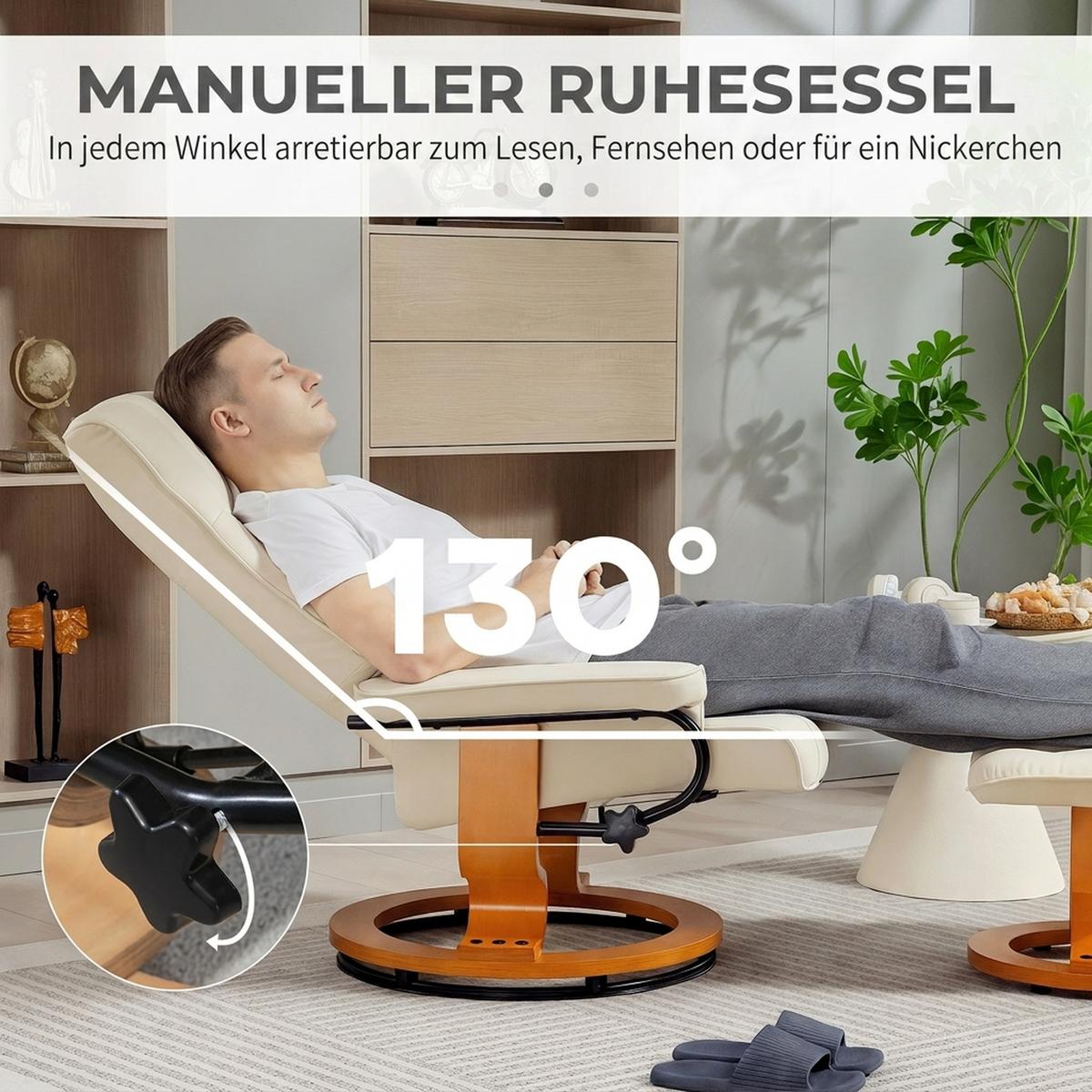 RELAXSESSEL-MIT-HOCKER 2er Set Kunstleder Holz Cremeweiß - Creme/Naturfarben, Holz/Kunststoff (85/104/76cm) - HOMCOM
