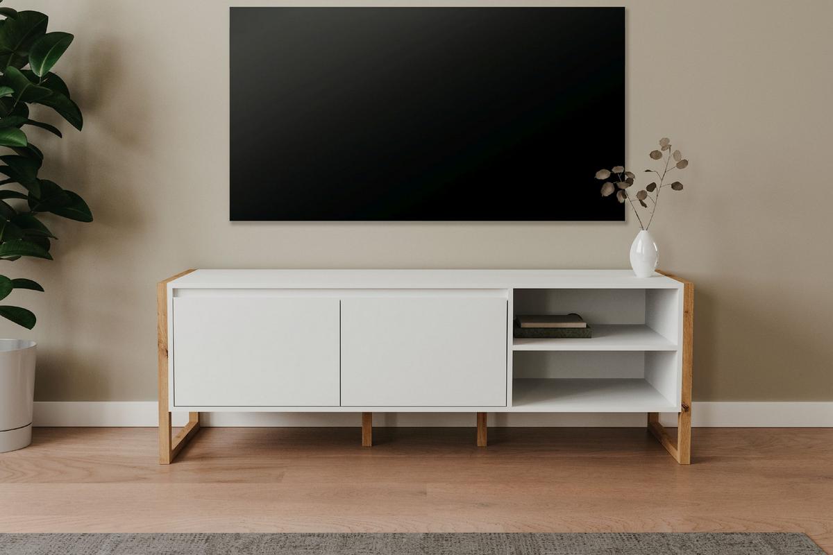 TV-RACK Denver 54 weiß / Dekor Artisan Oak 55/160/40 cm - Weiß, Holzwerkstoff (160/55/40cm) - Calicosy