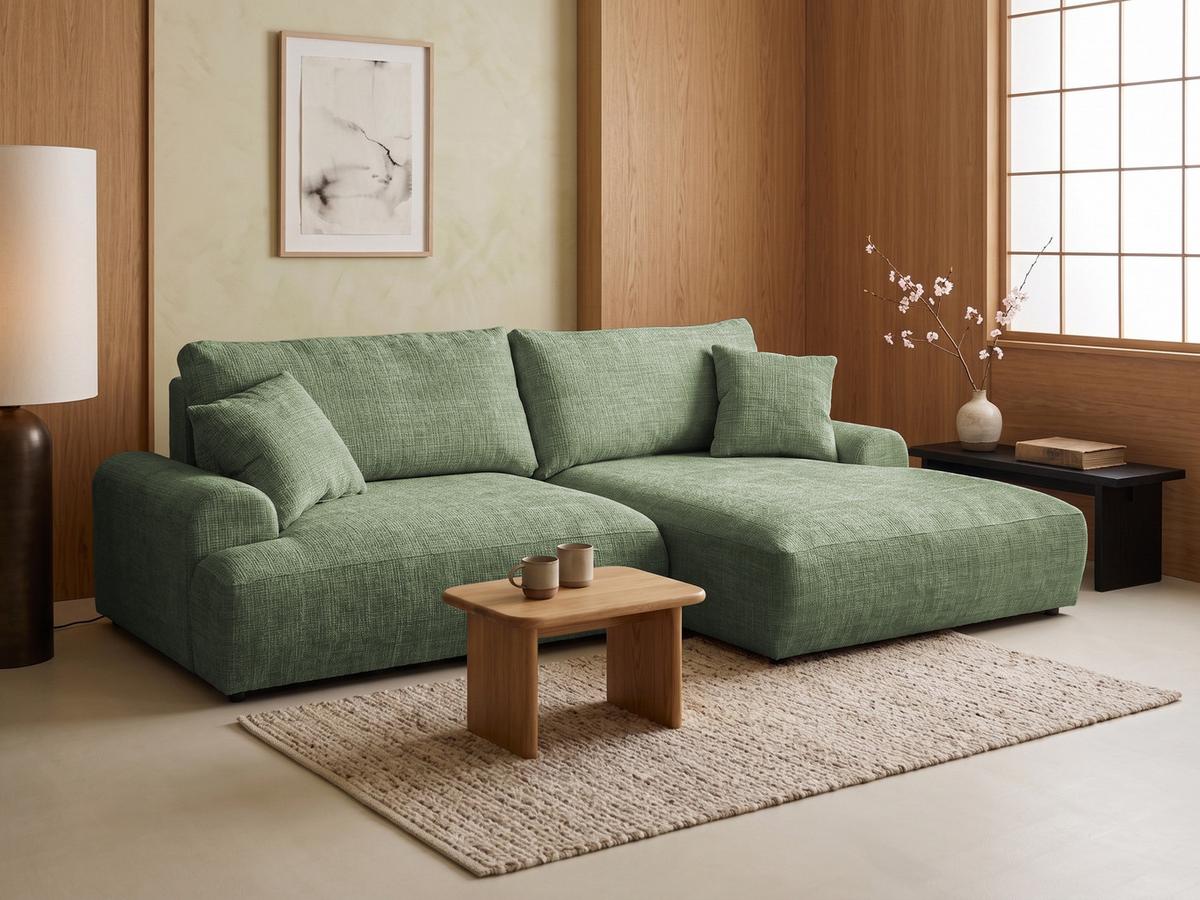 ECKSOFA Melvano mit Schlaffunktion und Bettkasten im Japandi-Stil aus weichem Grün Chenille-Stoff - Schwarz/Grün, Holz/Kunststoff (240/145cm) - S-Style