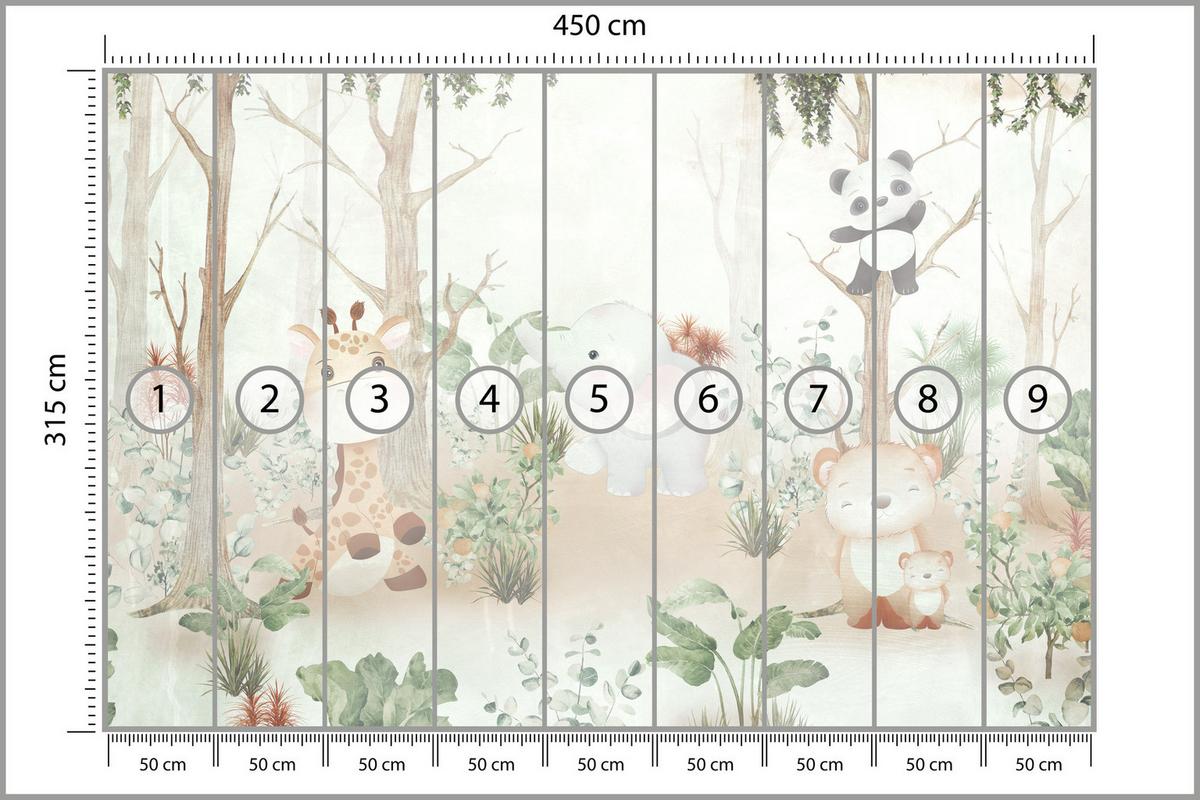 FOTOTAPETE für Kinder Tiere Wald Pflanzen 450x315 - Beige/Orange, Papier (450/315cm) - Muralo