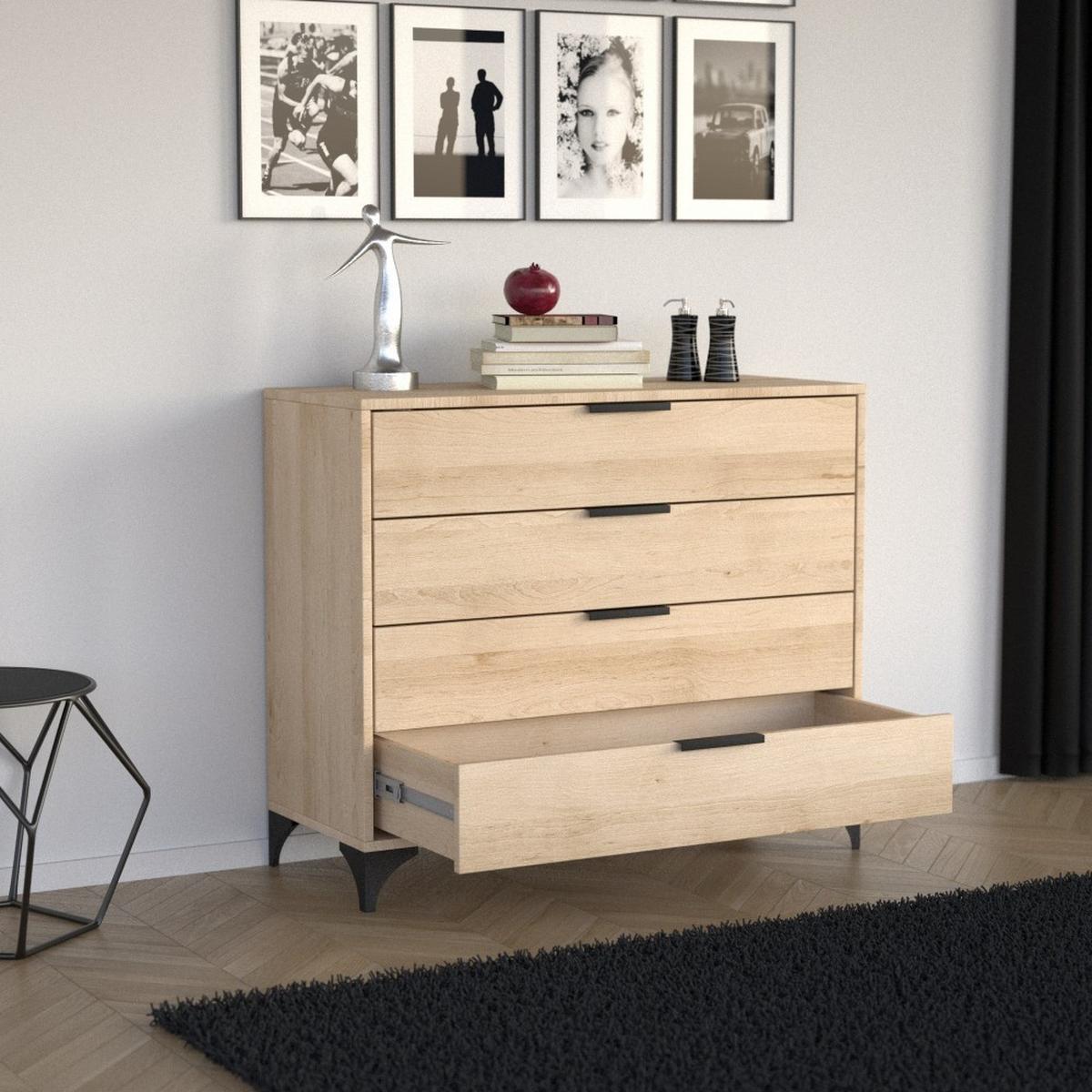 KOMMODE Home mit 4 Schubladen, 80 cm, ohne Griffe, eiche Artisan - Schwarz/Eiche Artisan, Holzwerkstoff (80/85/40cm) - Beautysofa