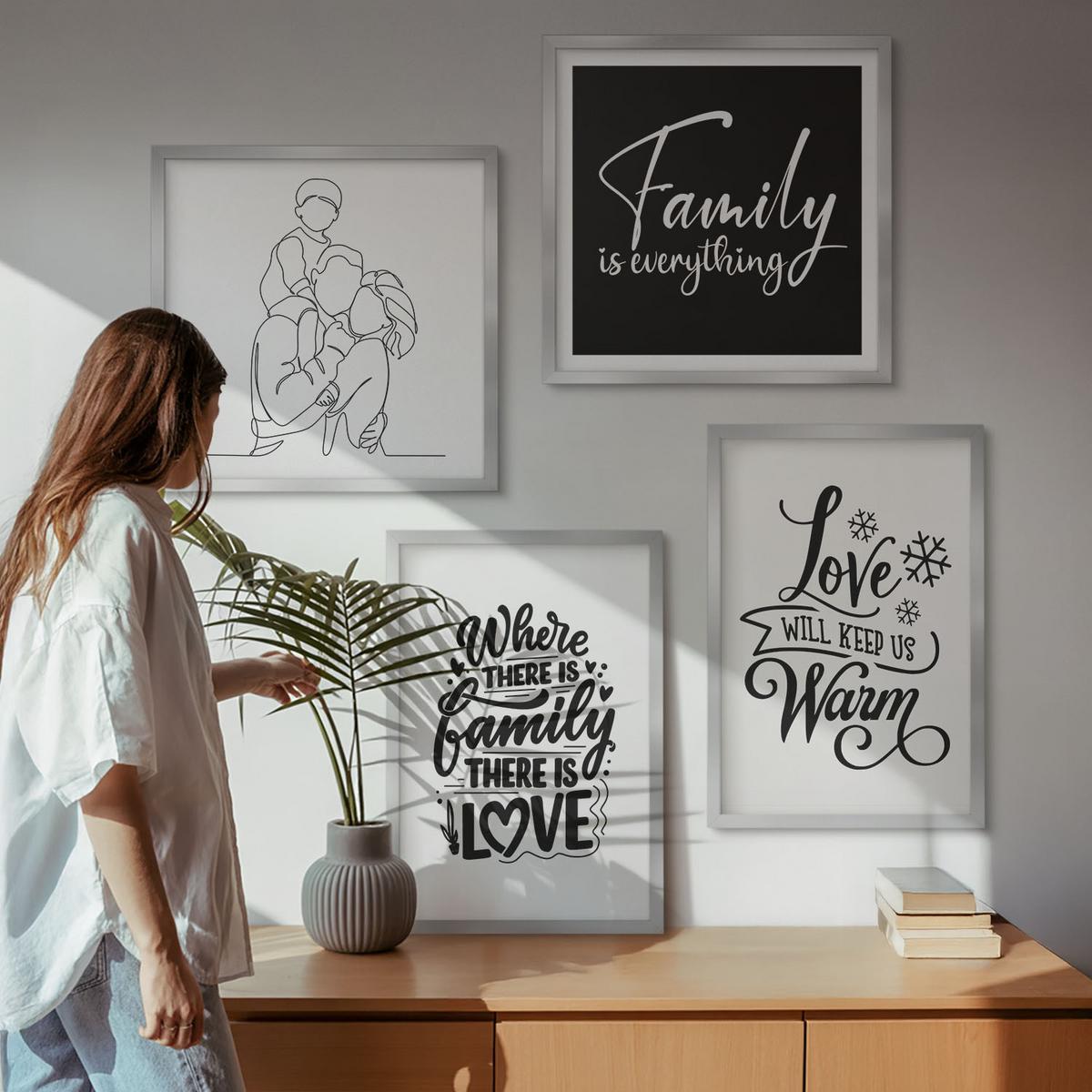 BILDER SET 4er Set - 50x50 cm & 40x60 cm Silberner Rahmen - Familie, Liebe, Wärme, Zuhause - Silberfarben, Kunststoff (50/50cm) - TULUP