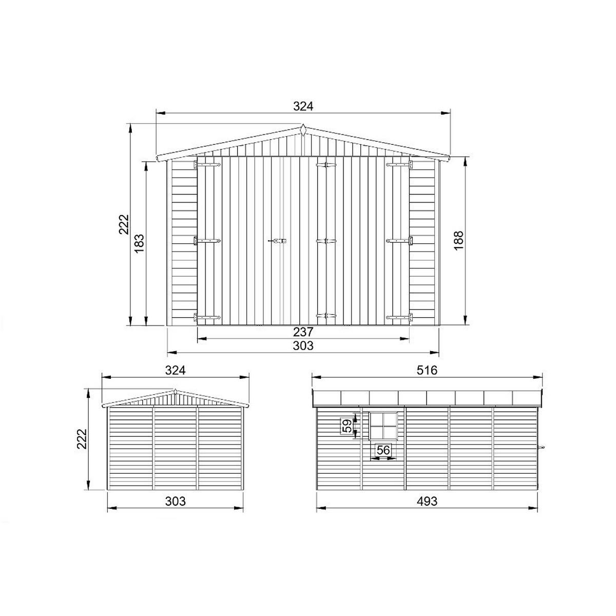 HOLZGARAGE - Abstellraum mit Fenstern - H222x516x324 cm/15 m² - M101 - Naturfarben, Holz (303/183/493cm) - Timbela