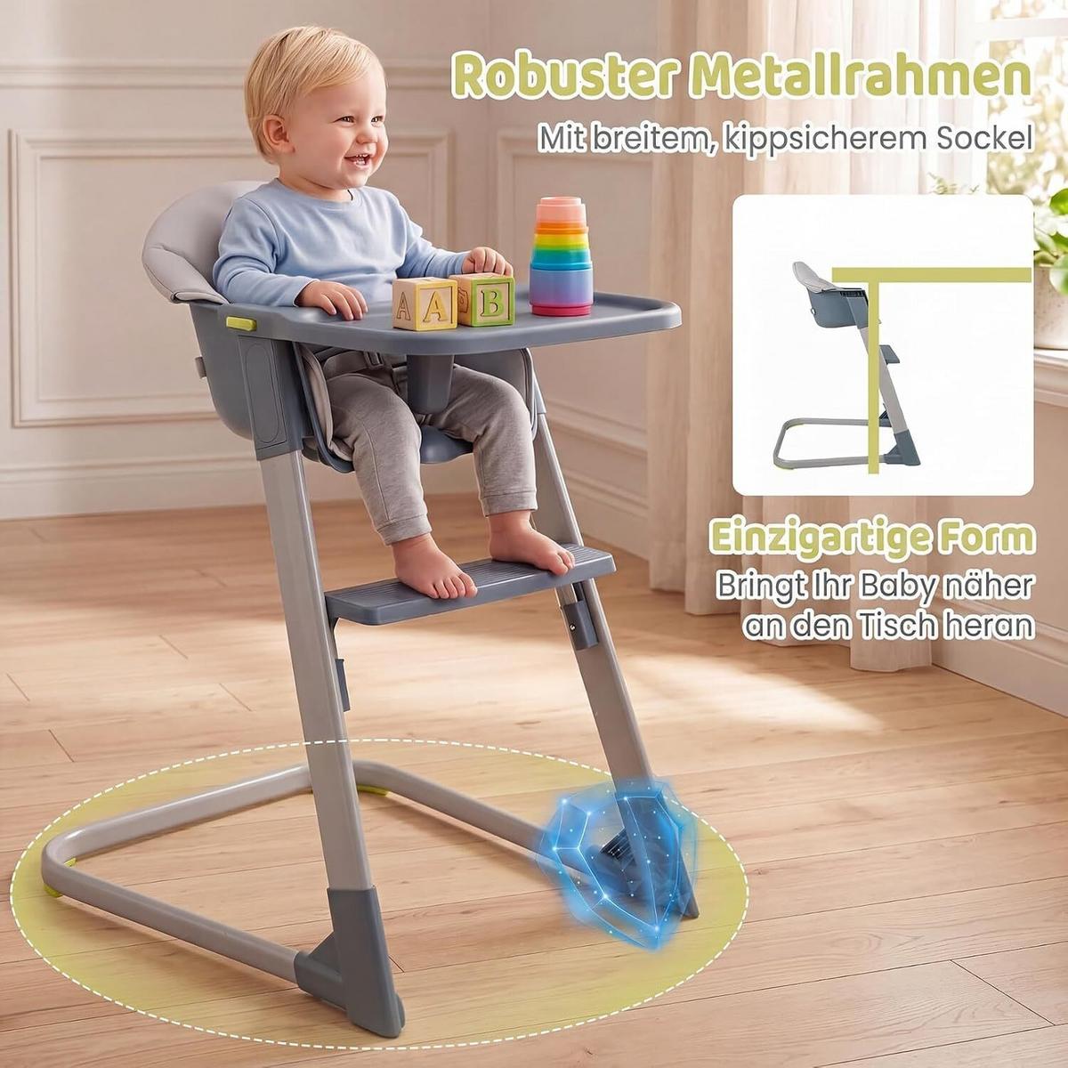 BABYHOCHSTUHL mit abnehmbarem Tablett & Sitzkissen grau - Grau, Metall (62/86/58cm) - COSTWAY