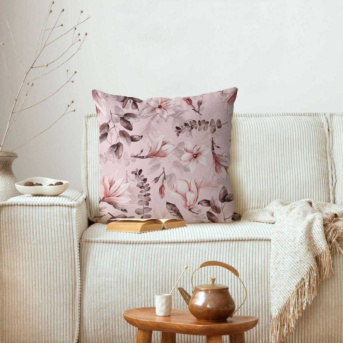 DEKOKISSEN Blüten mit Grauen Blättern vor Rosa 40/40 cm - Rosa, Textil (40/40/10cm) - Bilderwelten