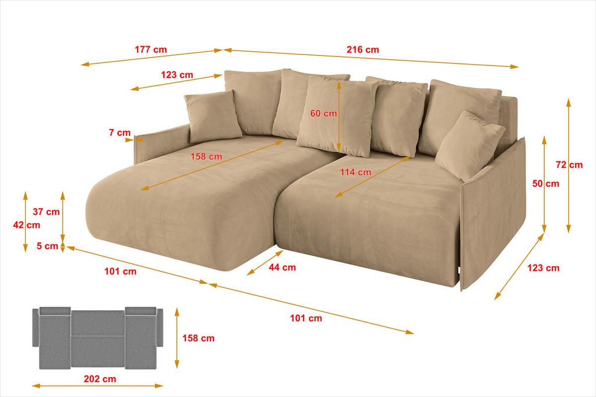 ECKSOFA Ottomane links ONESK-L-v1 216x177x72 Grün Velours - Beige, Holzwerkstoff/Kunststoff (216/177cm) - ALTDECOR