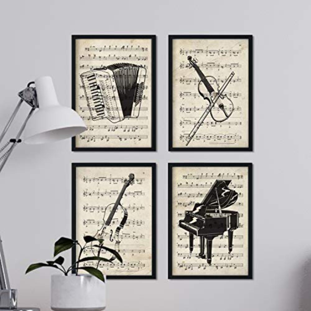 POSTER Set mit 4 Instrumente mit Noten Klavier, Geige, Cello, Akkordeon A4 Schwarzer Rahmen - Schwarz, Papier (29.7/3cm) - Nacnic