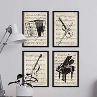 POSTER Set mit 4 Instrumente mit Noten Klavier, Geige, Cello, Akkordeon A4 Schwarzer Rahmen - Schwarz, Papier (29.7/3cm) - Nacnic