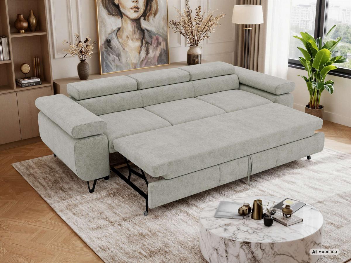 3-SITZER SOFA PETER mit Schlaffunktion - Hellgrau Stukture - Hellgrau/Schwarz, Textil/Metall (262/76/99cm) - MKS