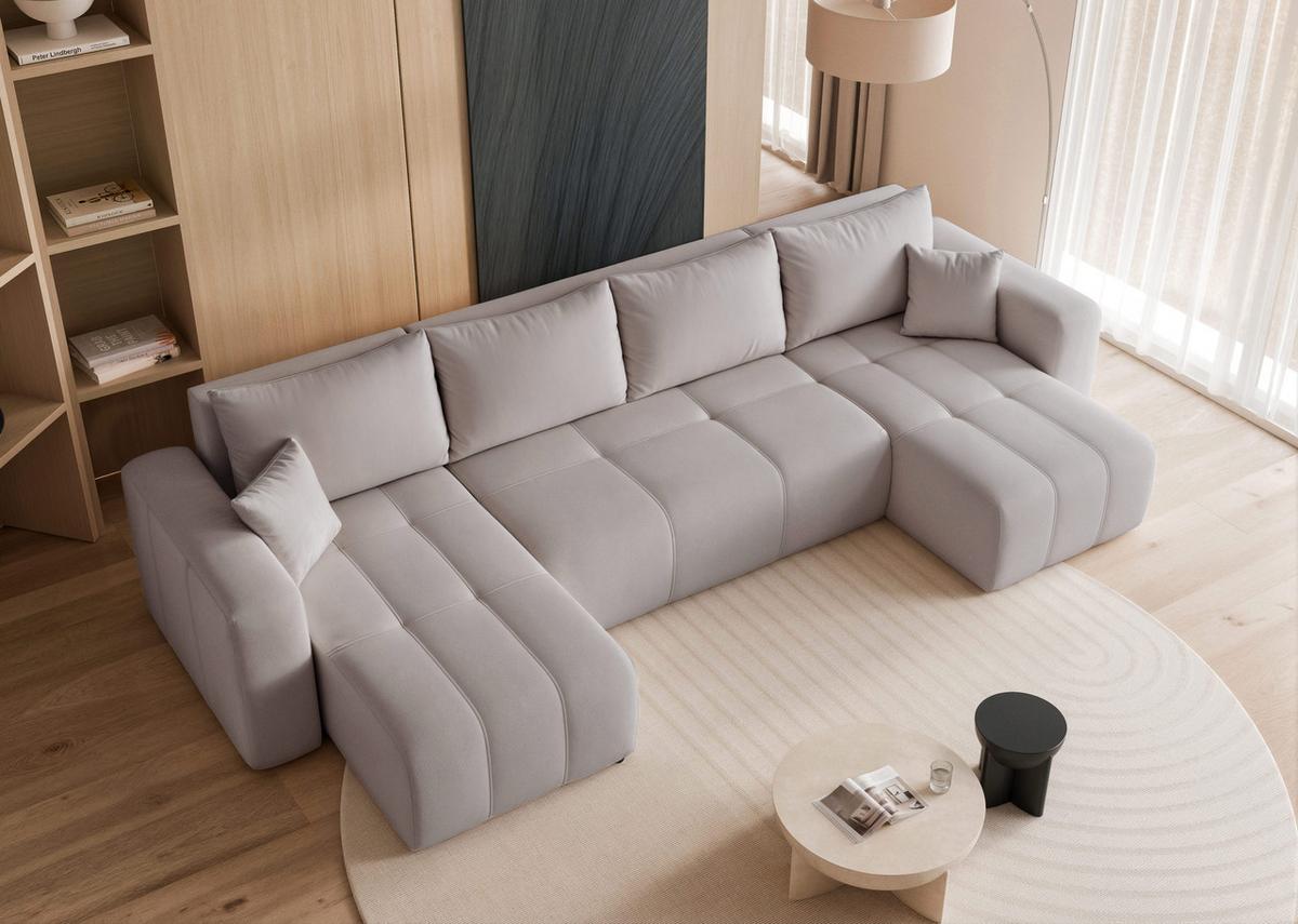 WOHNLANDSCHAFT PEDRO mit Schlaffunktion und Bettkasten Hellgrau - Grau, Holzwerkstoff/Textil (318/79/145cm) - Idohome