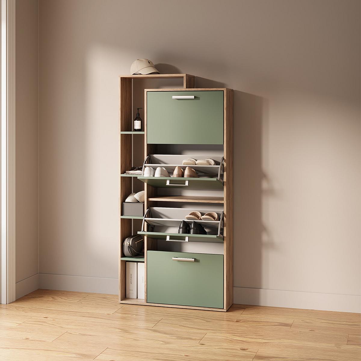 SCHUHKIPPER Ortello Goldkraft Eiche/Grün 80 x 166.1 cm mit 4 Fächern - Honigeiche/Grün, Holzwerkstoff (80/166.1/24.2cm) - Livinity®