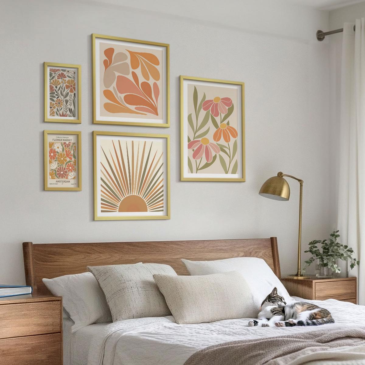 BILDER SET 5er Set - 50x50 cm & 20x30 cm & 40x60 cm Goldrahmen - Pastellfarbene Sonnenblumen - Goldfarben, Kunststoff (40/60cm) - TULUP