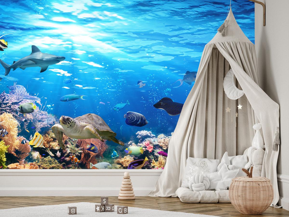 FOTOTAPETE für Badezimmer Korallenriff Schildkröte Hai Fisch 400x280 - Blau/Gelb, Papier (400/280cm) - Muralo