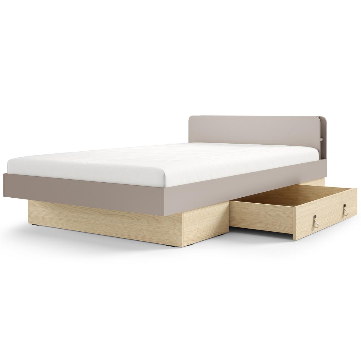 BETT Sorella 120x200 cm mit Lattenrost und Bettkasten-Schublade, mit Matratze 26 cm, Porcini + Eiche Mavelie - Eichefarben/Cappuccino, Leder/Holzwerkstoff (120/200cm) - Beautysofa