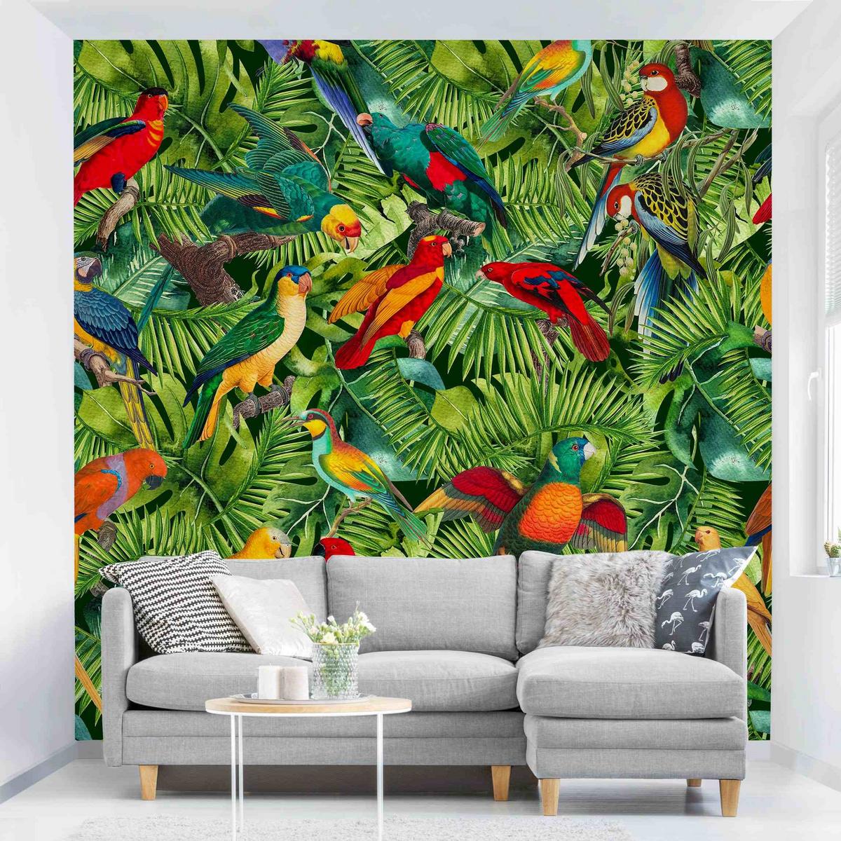 FOTOTAPETE Bunte Collage - Papageien im Dschungel 240/240 cm - Multicolor, Papier (240/240cm) - Bilderwelten