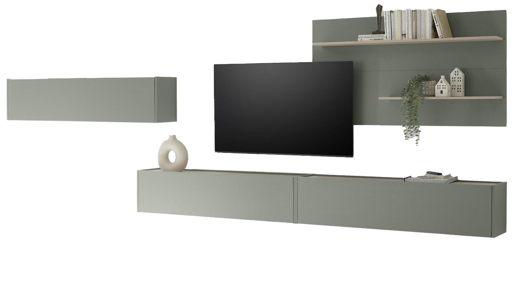 WOHNWAND 4-teilig, Set in Salbei Grün und Eiche, mit XXL TV Lowboard 300 cm hängend, gesamt 400 x 190 cm - Salbeigrün/Eichefarben, Holz/Holzwerkstoff (400/190/30cm) - Furn.Design