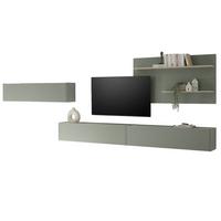 WOHNWAND 4-teilig, Set in Salbei Grün und Eiche, mit XXL TV Lowboard 300 cm hängend, gesamt 400 x 190 cm - Salbeigrün/Eichefarben, Holz/Holzwerkstoff (400/190/30cm) - Furn.Design