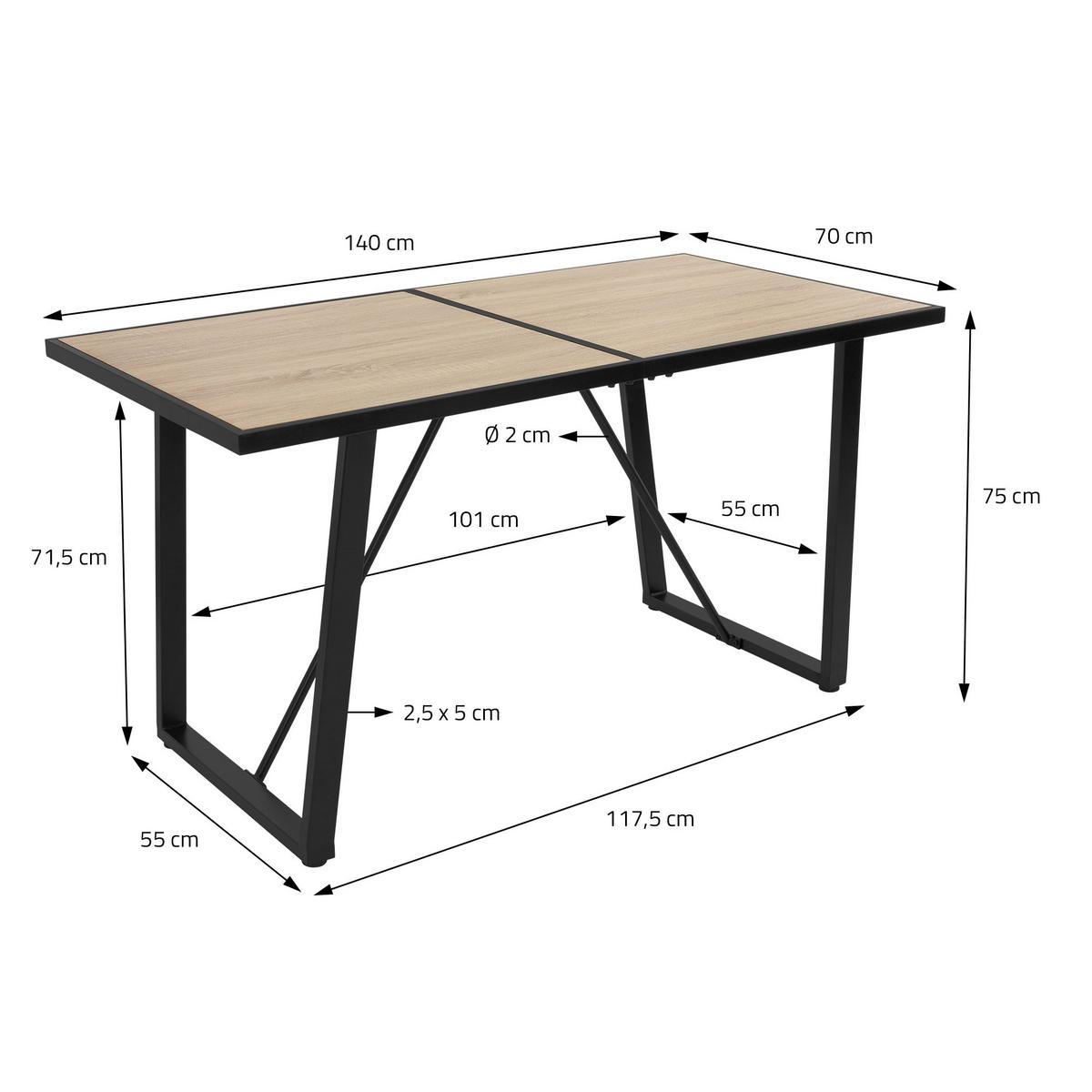 ESSTISCH 140x70x75 cm rechteckig Eiche Optik mit Metallgestell - Braun, Metall (140/70/75cm) - ML-DESIGN