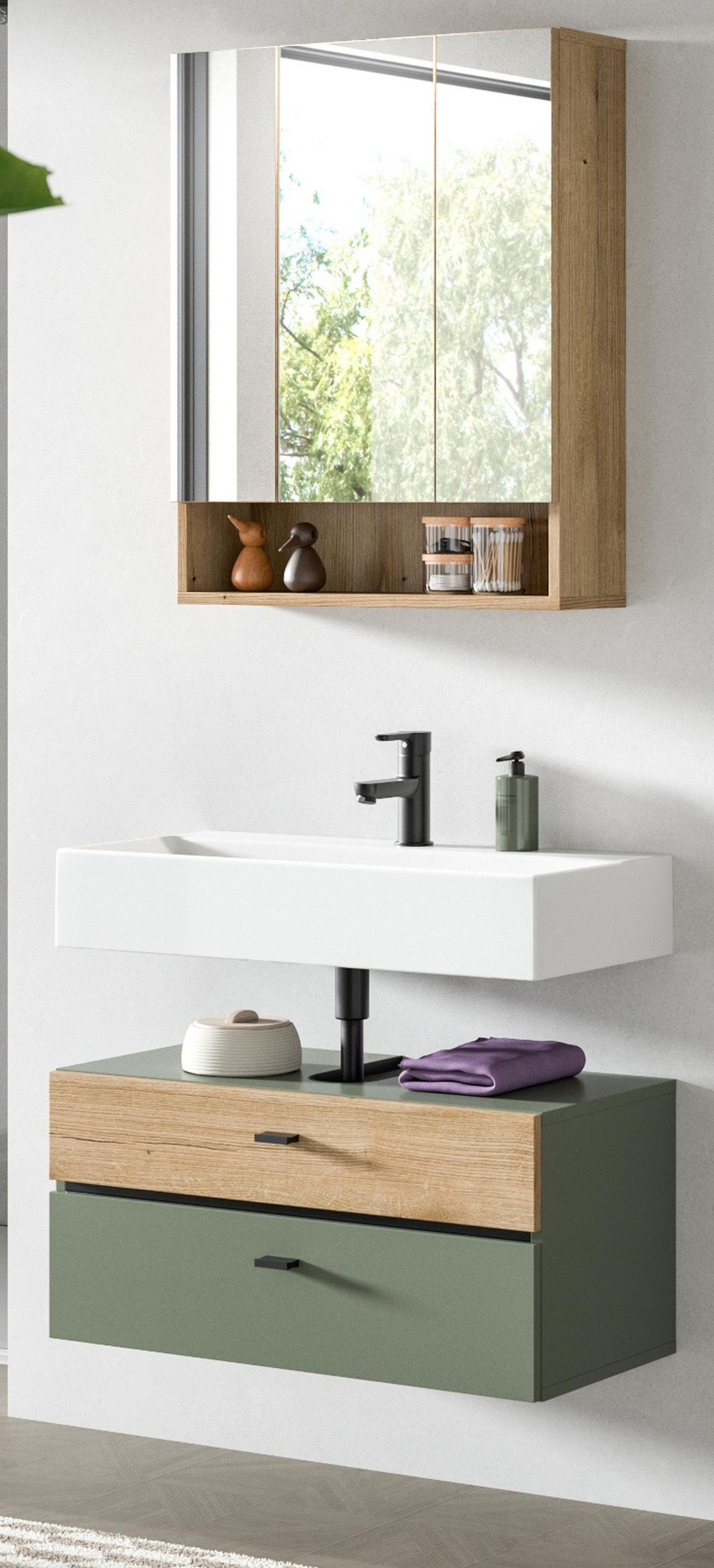 BADMÖBEL-SET grün, Evoke Eiche 2-teilig 75 cm, Badkombination in modernem Design - Eichefarben/Schwarz, Glas/Holzwerkstoff (75/191/35cm) - Inn.Furn