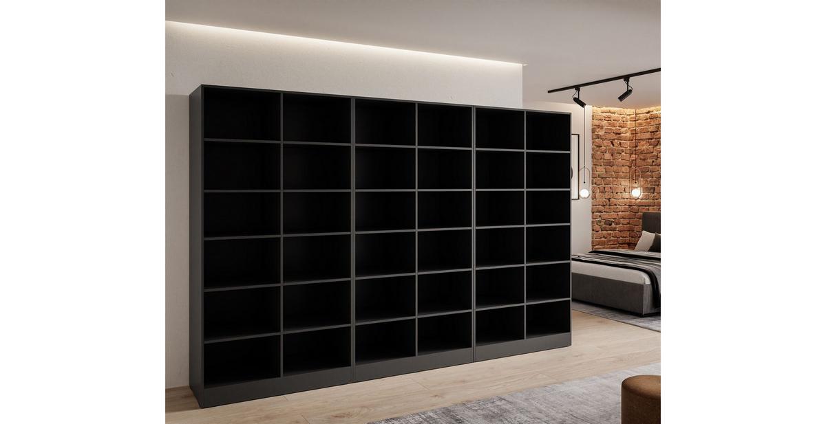 KLEIDERSCHRANK SANDBOX LOFT 300 303/49/200 cm Schwarzgraphit / Schwarzgraphit + Eiche Wotan + Schwarzes Glas mit LED 12 Zusatzböden - Eiche Wotan/Schwarz, Holzwerkstoff/Kunststoff (303/200/49cm) - Lookway