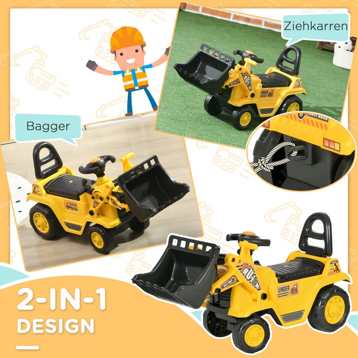 SITZBAGGER mit eingebautem Ablagefach Kinder Rutschauto traktor mit Hupe - Gelb, Kunststoff (26.5/39/80cm) - HOMCOM
