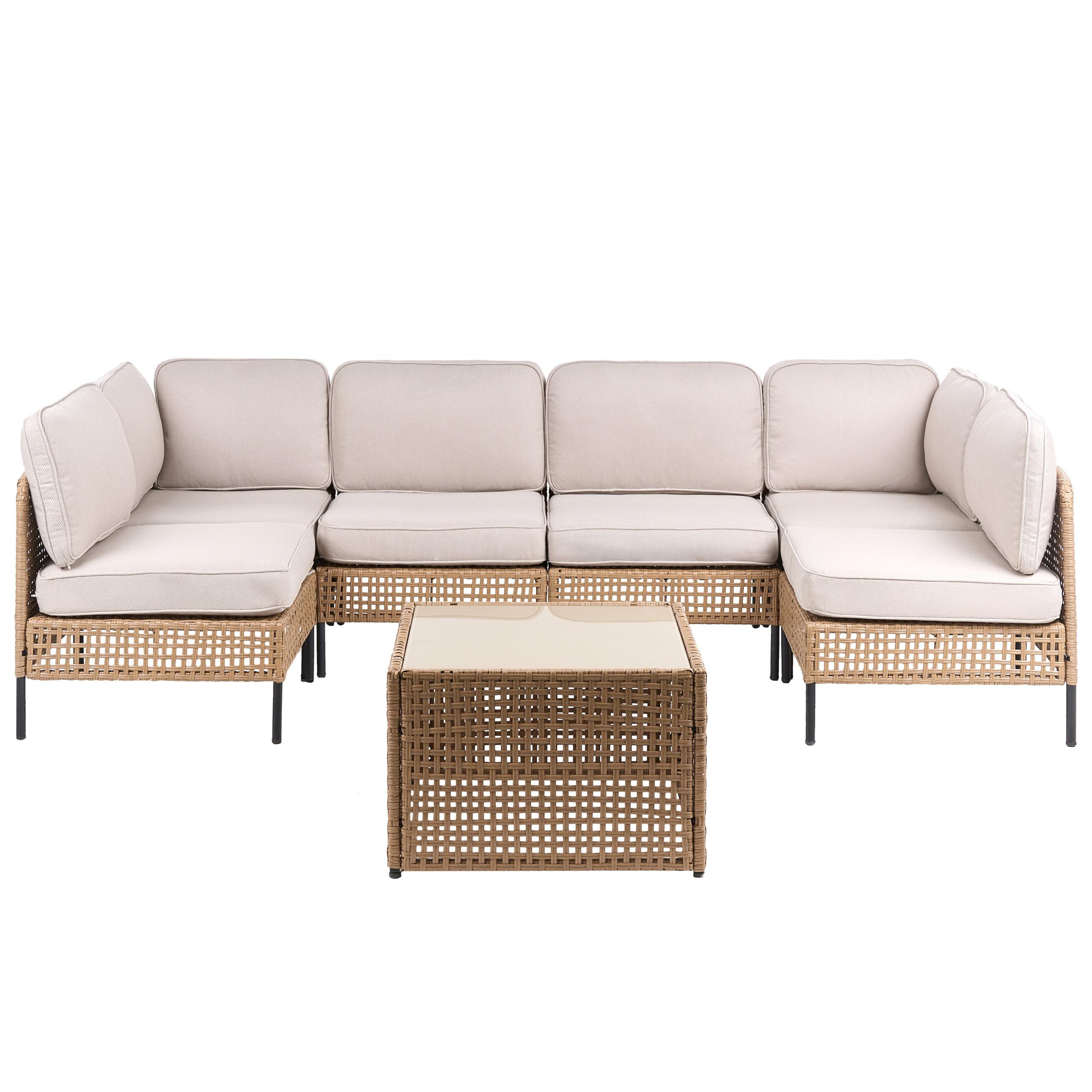 GARTENSOFA in U-Form 6-Sitzer modular Polyrattan Hellbeige Omegana - Beige/Schwarz, Kunststoff (276/80/138cm) - Beliani
