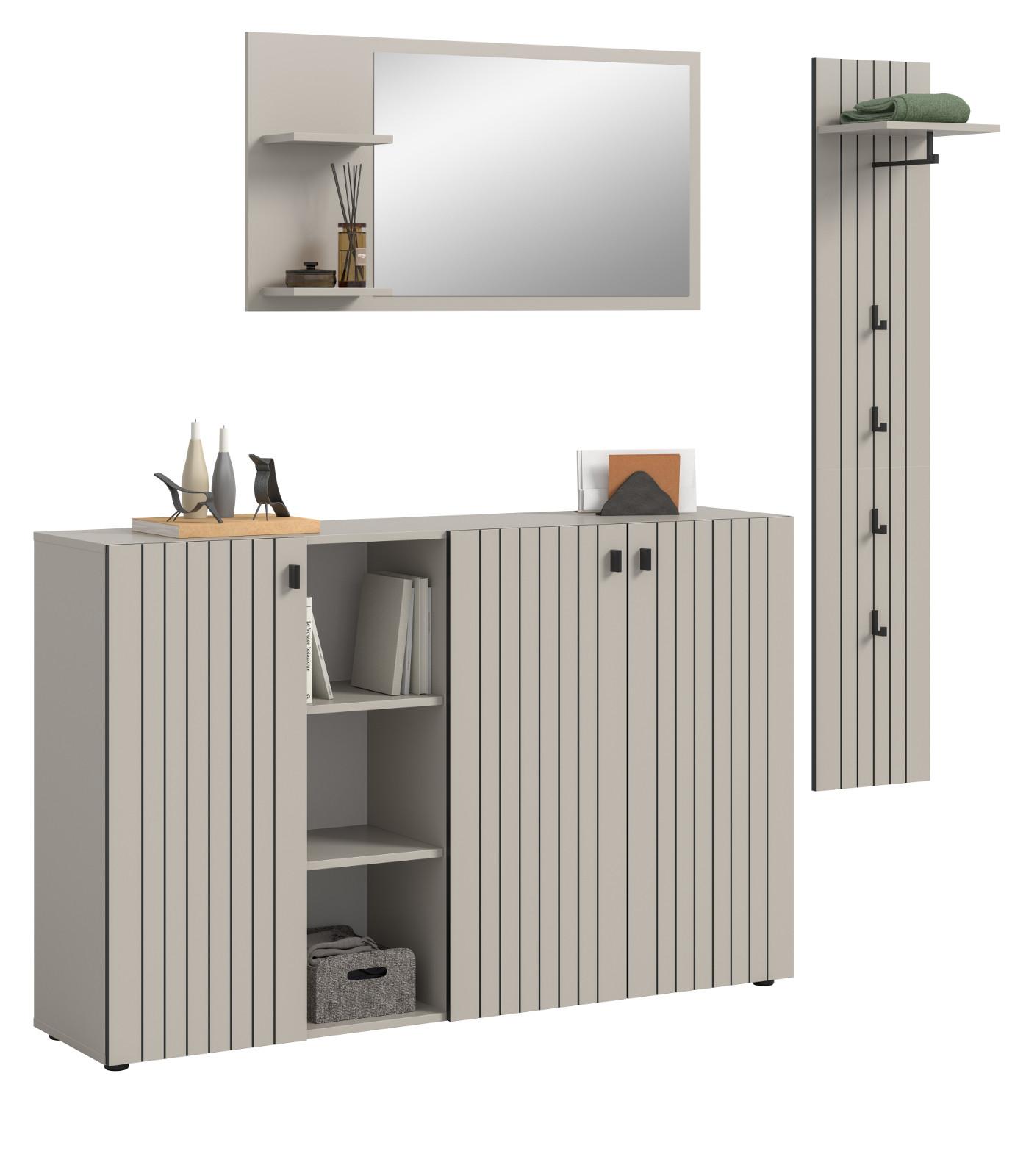 GARDEROBEN-SET 3-teilig Kaschmir 196 cm, Garderobenkombination mit Rillen-Optik - Kaschmir/Schwarz, Glas/Holzwerkstoff (196/192/37cm) - Inn.Furn