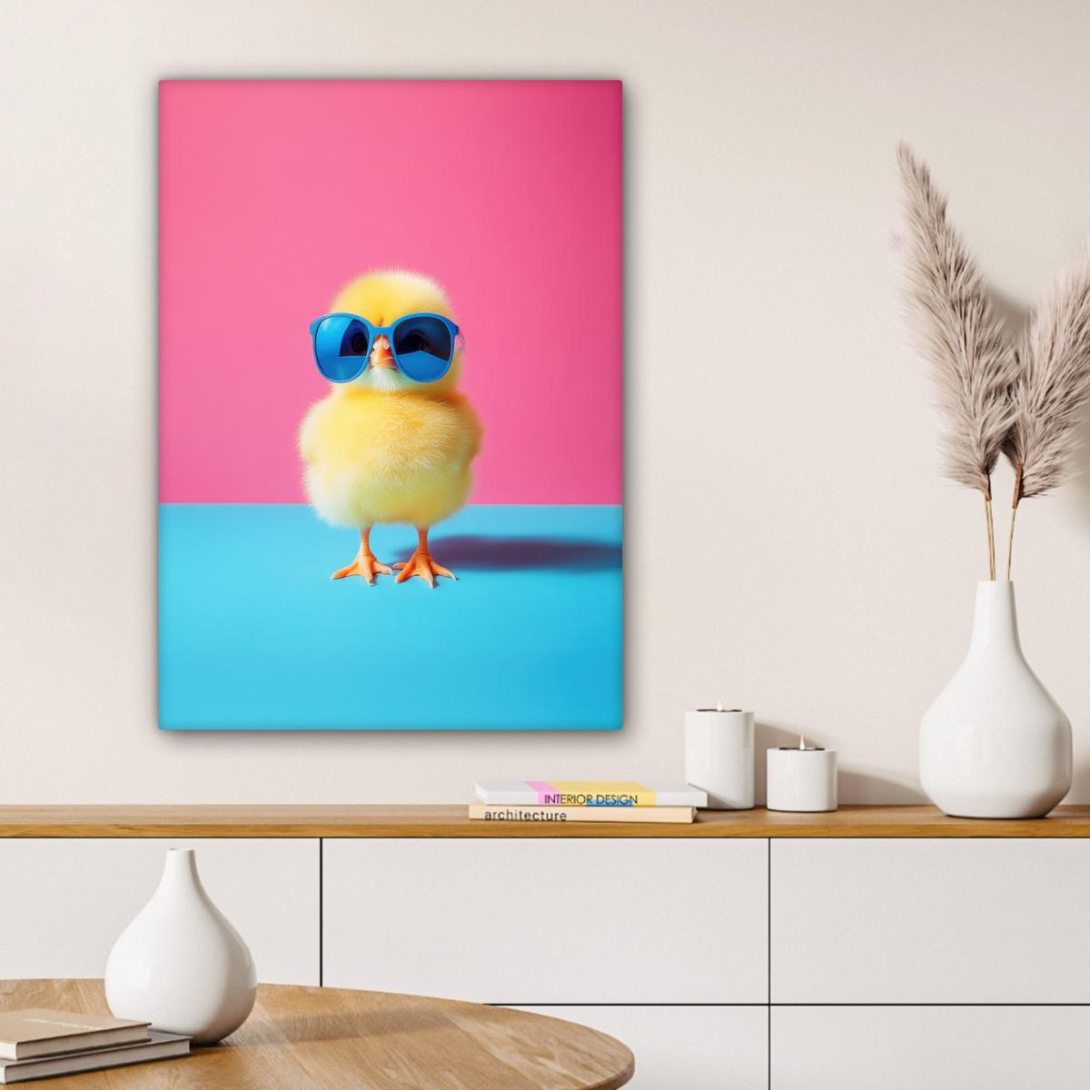 LEINWANDBILD Chick - Sonnenbrille - Blau Wandbild Wohnzimmer 60x80 cm - Pink/Gelb, Textil (60/80cm) - MuchoWow